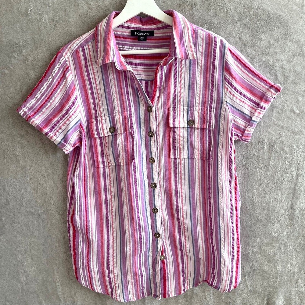 Roaman's Button Front Vertical Stripe Short Sleeve Lavender Pink Size 14W